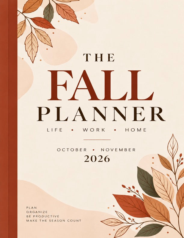 The Fall Planner cover for October and November 2026, cream with rust lettering and autumn leaves