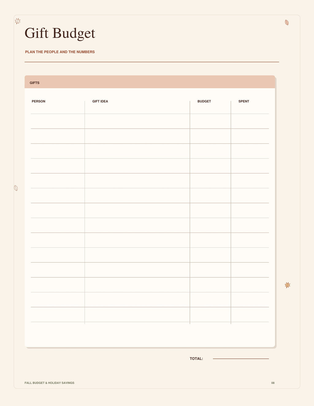 Gift Budget page from the Fall Budget & Holiday Savings Workbook, with person, gift idea, budget and spent columns