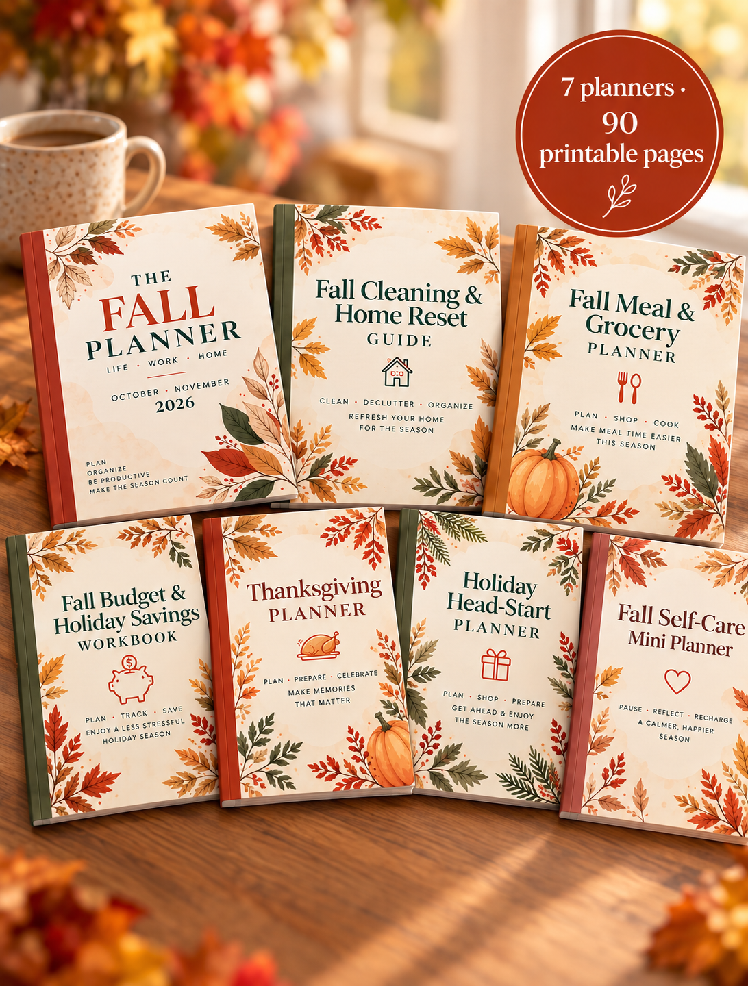 The Fall Reset Bundle: 7 printable fall planners with 90 pages, shown on a cozy autumn table
