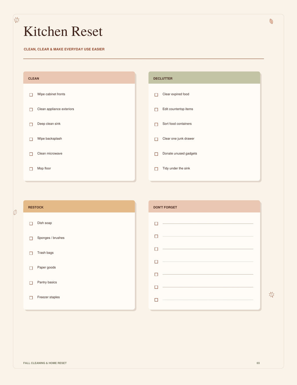 Kitchen Reset checklist page from the Fall Cleaning & Home Reset guide