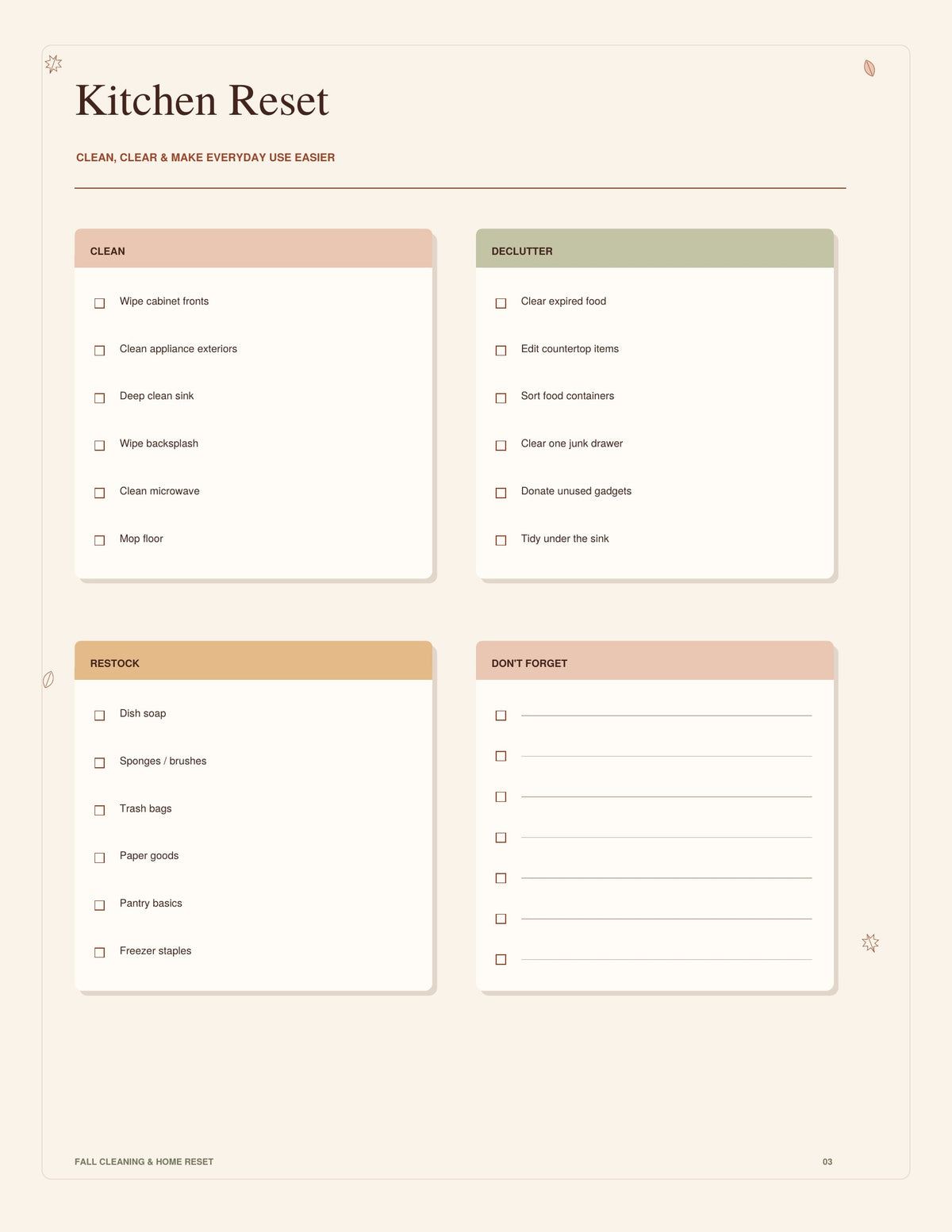 Kitchen Reset checklist page from the Fall Cleaning & Home Reset guide