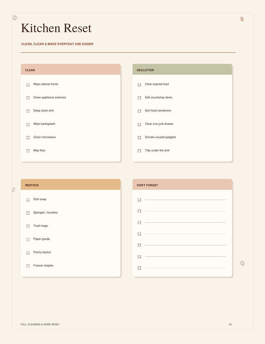 Kitchen Reset checklist page from the Fall Cleaning & Home Reset guide