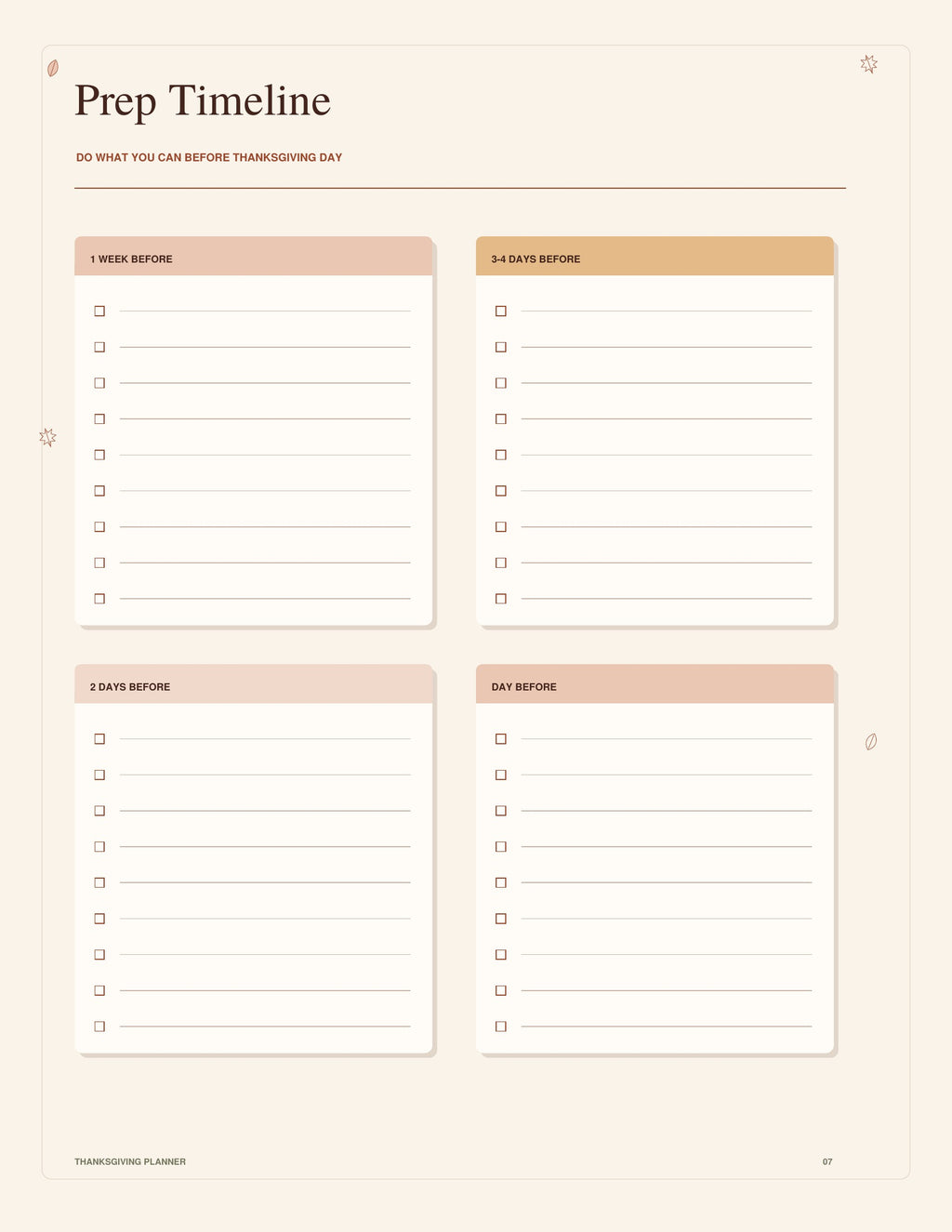 Thanksgiving Prep Timeline page with checklists for one week, 3-4 days, 2 days and the day before