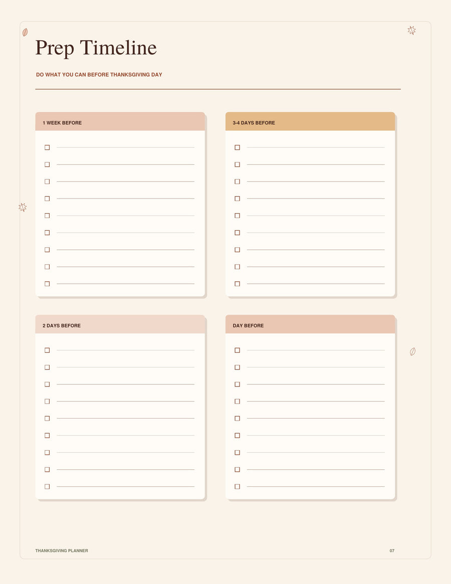 Thanksgiving Prep Timeline page with checklists for one week, 3-4 days, 2 days and the day before